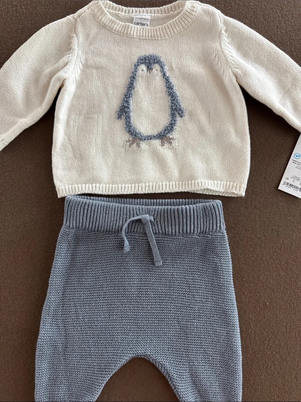 Carter's Cream Penguin Knit Sweater and Gray Knit Pants